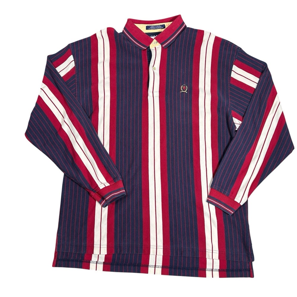 Vtg Tommy Hilfiger Adult‎ Shirt XL Red Blue White Vertical Striped Polo